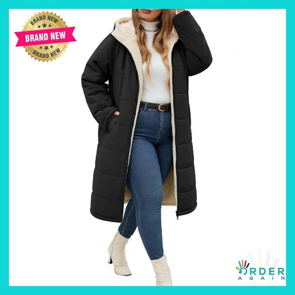 Plus Size Winter Coat Mid Length Hooded Fleece Sherpa Lined Windproof